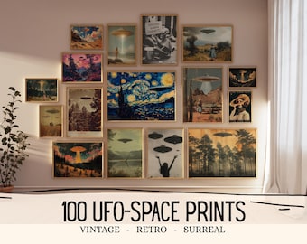 Set Of 100 UFO Wand Kunst UFO Poster Print Alien Wandkunst Sci Fi Poster Surreale Wanddekoration Retro UFO Art Alien Entführung Poster Für Office Art