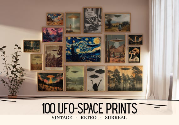 Set Of 100 UFO Wall Art UFO Poster Print Alien Wall Art Sci Fi Poster Surreal Wall Decor Retro UFO Art Alien Abduction Poster For Office Art