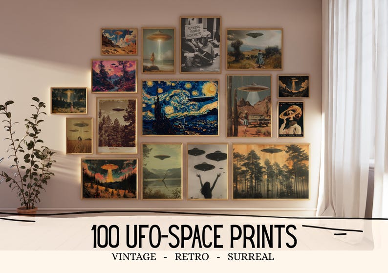 May include: A collection of framed art prints featuring vintage and retro UFO and space-themed imagery. The prints showcase various scenes, including landscapes with flying saucers and surreal artistic compositions. The text at the bottom reads "100 UFO-SPACE PRINTS".
