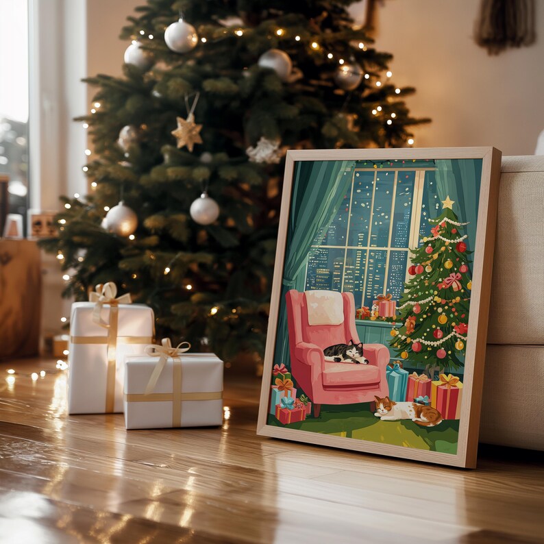 May include: A framed Christmas-themed illustration depicts a cozy scene with a decorated tree, gifts, and a cat resting in a pink armchair. The artwork is set against a backdrop of a city skyline viewed through a window.