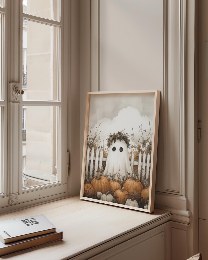 Cute Ghost Wall Art Halloween Poster Ghost Print Pumpkin Wall Art Trendy Halloween Painting Aesthetic Halloween Printable Wall Decor image 3