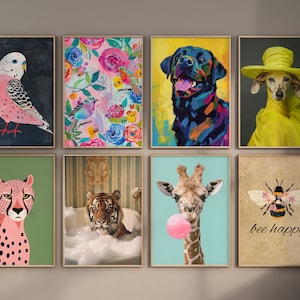 May include: A set of nine framed prints featuring various animals and designs. The prints include a pink parakeet, a floral pattern, a black and blue rottweiler, a dachshund wearing a yellow hat, a cheetah, a tiger in a bathtub, a giraffe with a pink bubble, a bee with flowers, and the text "bee happy".