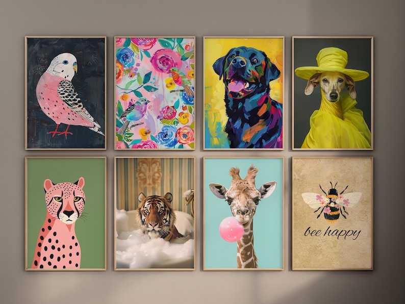 May include: A set of nine framed prints featuring various animals and designs. The prints include a pink parakeet, a floral pattern, a black and blue rottweiler, a dachshund wearing a yellow hat, a cheetah, a tiger in a bathtub, a giraffe with a pink bubble, a bee with flowers, and the text "bee happy".