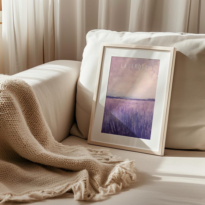 May include: A framed print of a watercolor painting depicting a field of lavender flowers. The painting is titled "Lavender Fields".