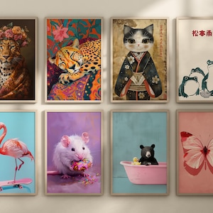 May include: A set of 10 framed prints featuring various animals and designs. The prints include a cheetah sleeping, a flamingo on a skateboard, a rat eating a donut, a black bear in a bathtub, a butterfly, a cat in a kimono, a leopard with flowers, and three frogs.