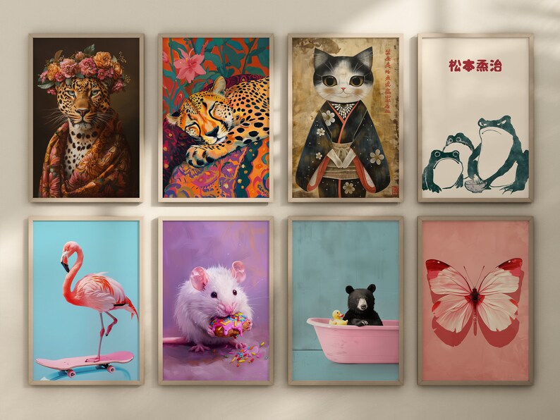 May include: A set of 10 framed prints featuring various animals and designs. The prints include a cheetah sleeping, a flamingo on a skateboard, a rat eating a donut, a black bear in a bathtub, a butterfly, a cat in a kimono, a leopard with flowers, and three frogs.