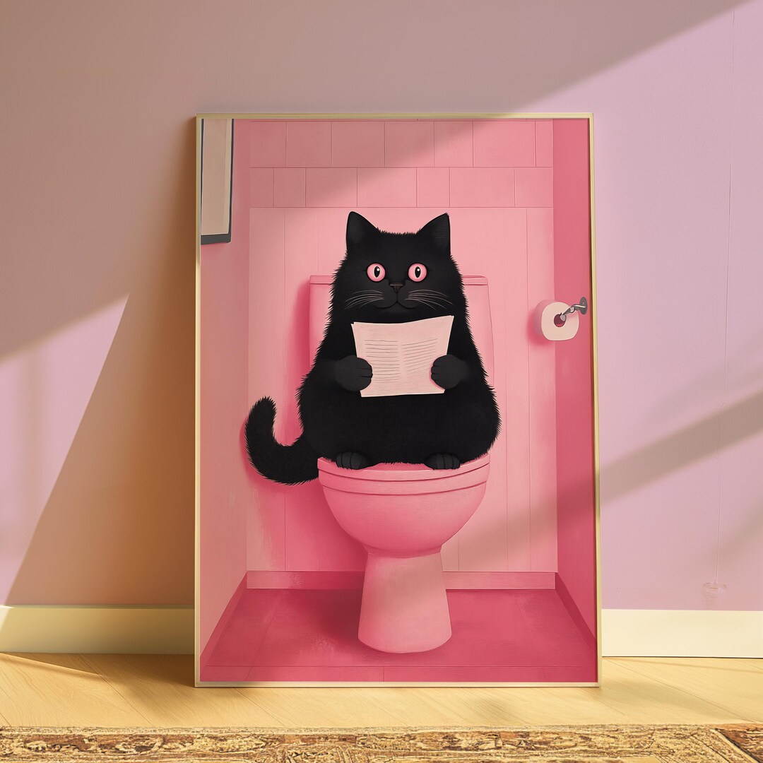 Bathroom Cat Poster Aesthetic Pink Bathroom Art Print Animal Wall Decor ...