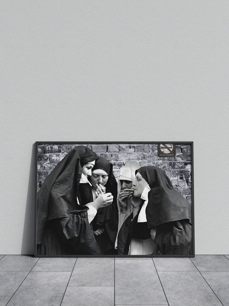 Nuns Poster, Black and White Art, Vintage Wall Art, Funny Wall Art, Printable Photo Decor, Cigarette Vintage Decor, Digital Download image 6