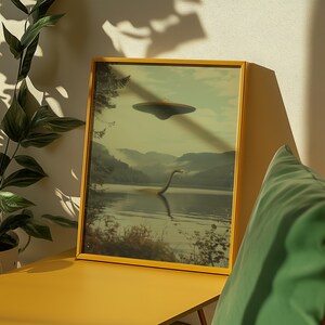 K&ouml;nnte beinhalten: Ein gerahmter Druck einer Seenszene mit einem Fabelwesen und einer fliegenden Untertasse am Himmel. Der Druck ist in einem gelben Rahmen und h&auml;ngt an einer Wand.