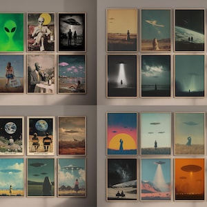 100 UFO Wand Kunst UFO Poster Druck Alien Wand Kunst Sci Fi Poster Surrealer Wanddruck Retro UFO Art Alien Entführung Poster Für Büro druckbar Bild 3