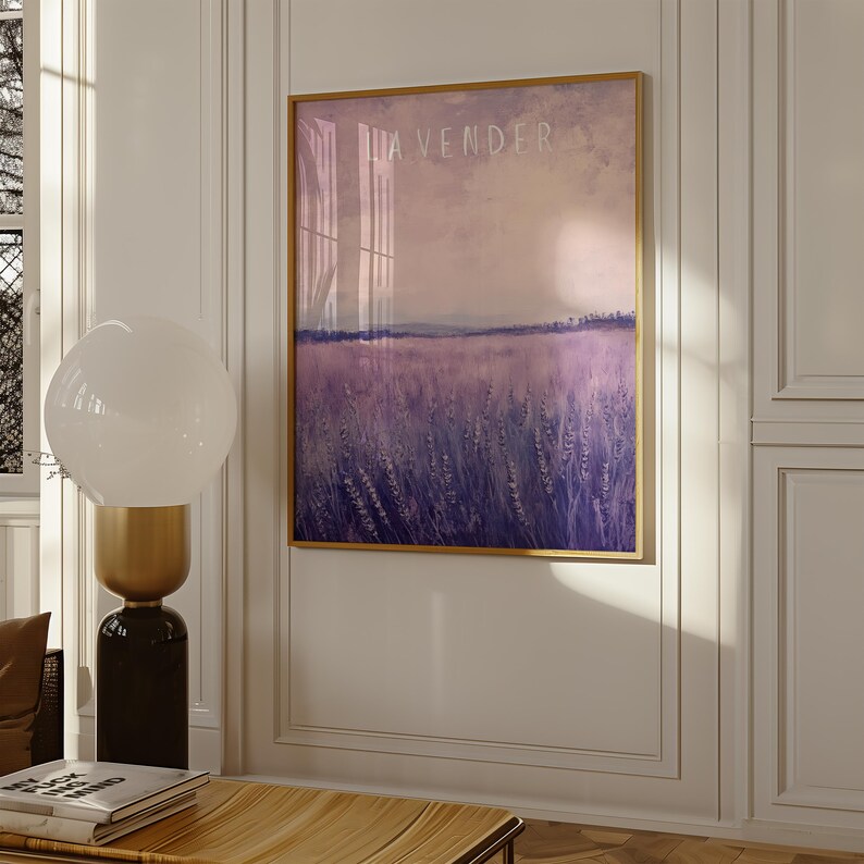 May include: A framed print of a lavender field with a soft, purple and pink color scheme. The text "LAVENDER" is written in white at the top of the image.