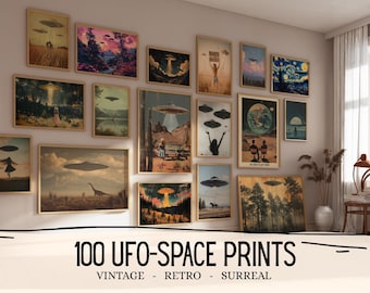 100 UFO Wall Art Gallery Set Surreal Prints Space Wall Print For Office Paintings Alien Poster Art Vintage Sci Fi Poster Aesthetic Printable