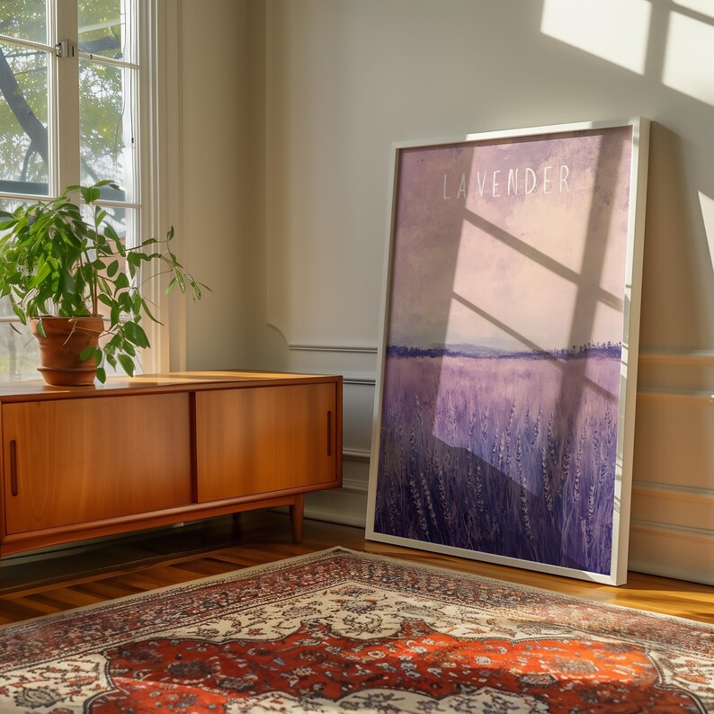 May include: A framed print of a lavender field with the word "Lavender" written in white text on a light purple background.