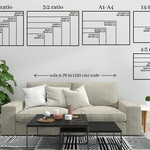May include: A diagram showing different aspect ratios for artwork, including 5:4, 3:2, A1-A4, 14:11, and 4:3. The diagram includes measurements in inches and centimeters. The text "sofa is 76 in (193 cm) wide" is written below the diagram.