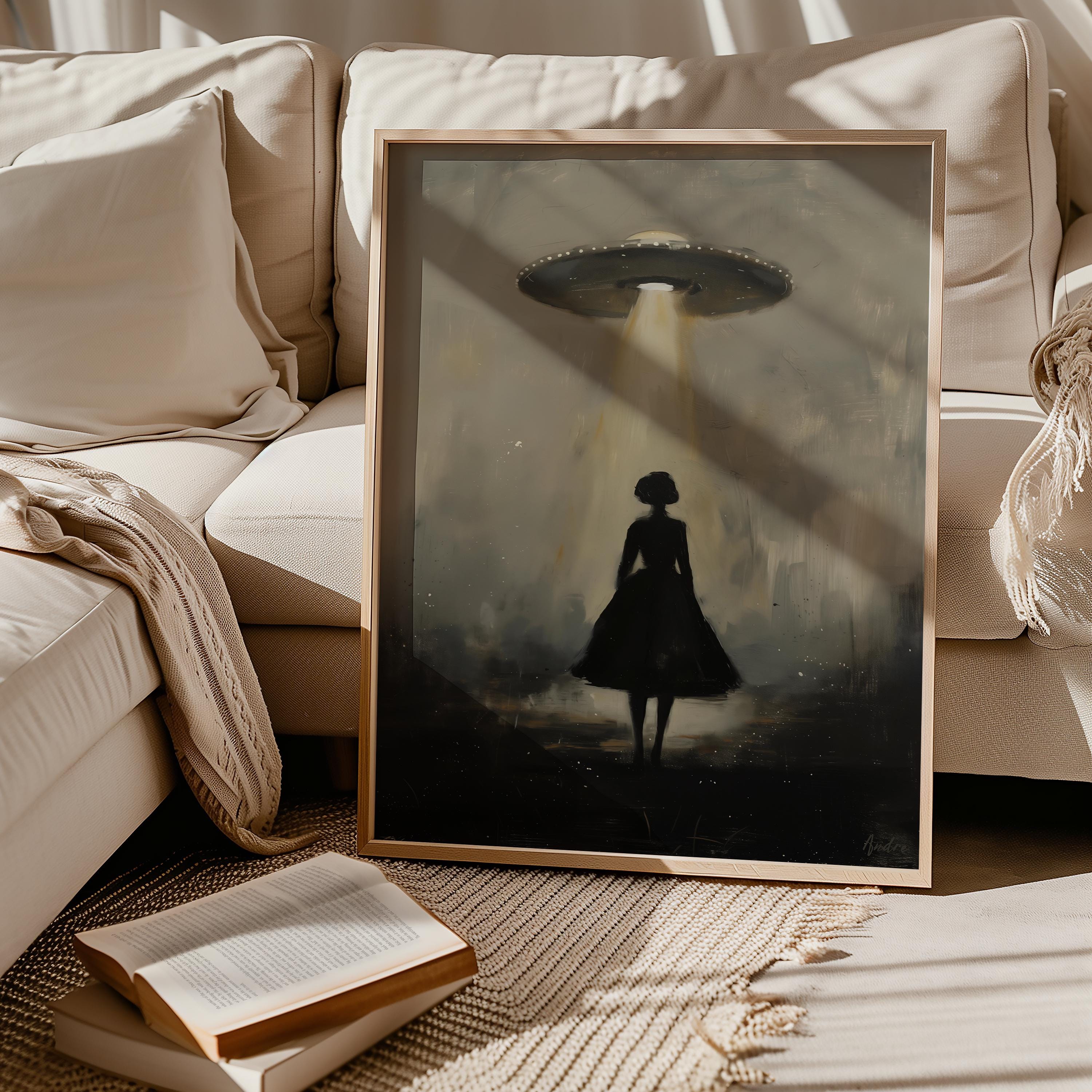 Vintage UFO Painting Art Print, Sci-fi Alien Abduction Wall Decor ...