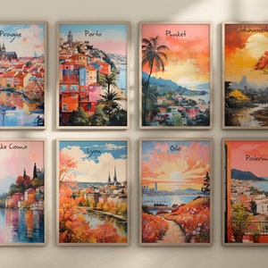 May include: A collage of ten framed paintings depicting various cities around the world. Each painting features a colorful cityscape with a unique style and perspective. The cities depicted include Prague, Porto, Phuket, Johannesburg, Lake Como, Lyon, Oslo, Palermo.
