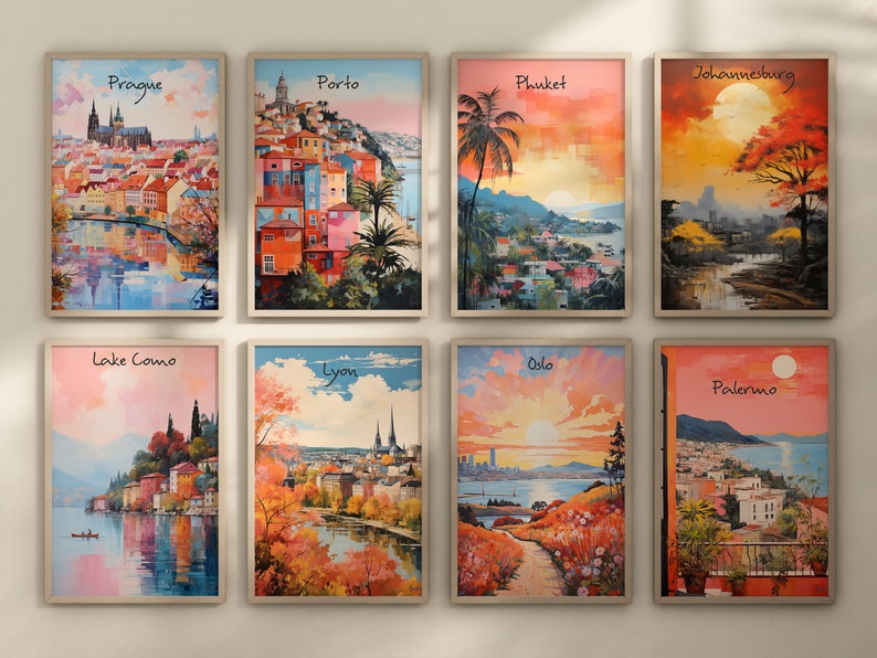 May include: A collage of ten framed paintings depicting various cities around the world. Each painting features a colorful cityscape with a unique style and perspective. The cities depicted include Prague, Porto, Phuket, Johannesburg, Lake Como, Lyon, Oslo, Palermo.