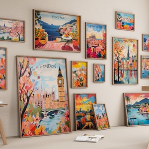 Pósteres de viajes europeos antiguos, arte mural de ciudades, impresiones de viajes antiguos, arte mural de galería, impresiones de paisajes urbanos, pinturas de decoración de pared de viajes, juego de 100