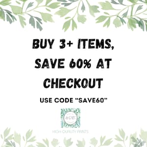 May include: A white background with green leafy foliage at the top and bottom. The text reads "BUY 3+ ITEMS, SAVE 60% AT CHECKOUT USE CODE "SAVE60"". A small logo with the text "ANDRE" is in the center of the image. Below the logo is the text "HIGH QUALITY PRINTS".