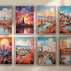 May include: A collection of eight framed paintings depicting cityscapes from around the world. Each painting features a different city, including Dublin, Chicago, Florence, Antalya, Los Angeles, Zurich, Brussels, and Boston. The paintings are all done in a similar style, with bright colors and a painterly aesthetic.