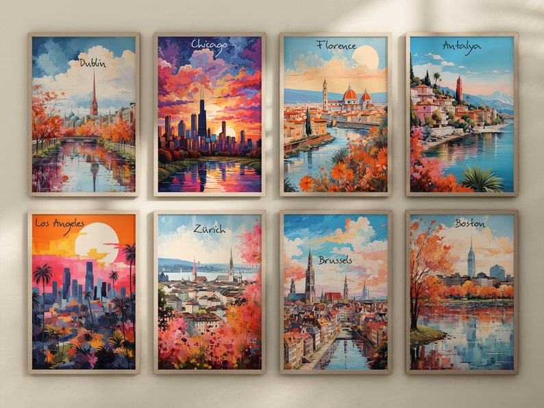 May include: A collection of eight framed paintings depicting cityscapes from around the world. Each painting features a different city, including Dublin, Chicago, Florence, Antalya, Los Angeles, Zurich, Brussels, and Boston. The paintings are all done in a similar style, with bright colors and a painterly aesthetic.
