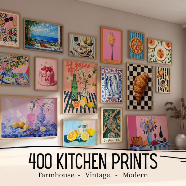 400 pôsteres para parede de cozinha, arte de parede com tema de comida, pôsteres para carrinho de bar, pintura de comida, pôster original para cozinha, arte digital para imprimir.
