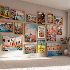 Conjunto de 1000 pôsteres de viagem, arte de parede da cidade, pintura de paisagem urbana, pintura de viagem, decoração de sala estética, cidades, impressão, pintura de paisagem para impressão