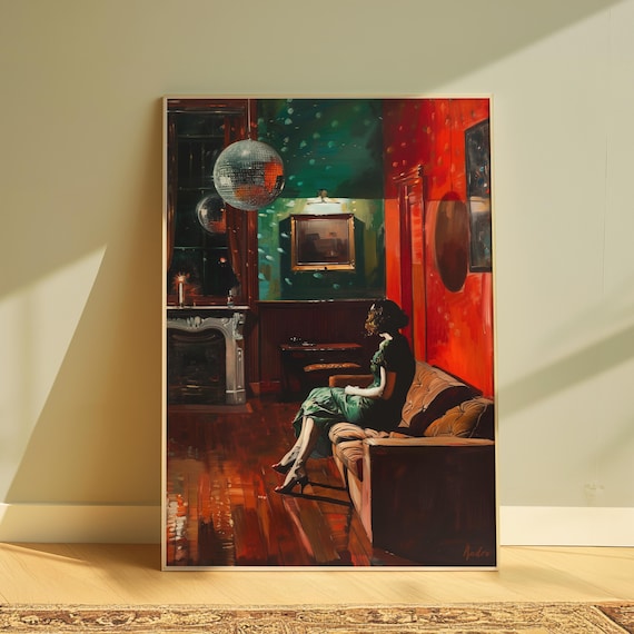 Moody Wall Art Luxury Painting Disco Ball Print Retro Wall Decor Vintage Gallery Wall Art 70s Poster Print Aesthetic Printable Wall Art