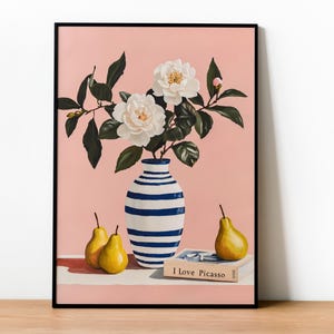 Amo a Picasso, decoración de pared botánica, impresión de flores, pintura botánica vintage, póster rosa imprimible, pintura estética en jarrón para decoración de habitación