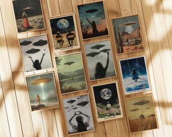 Juego de 12 impresiones de arte mural de ovnis, decoración de pared surrealista de extraterrestres, pósteres retro de ciencia ficción, póster de ovnis para oficina, impresiones espaciales imprimibles, arte surrealista.