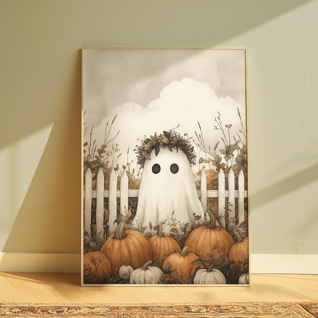 Cute Ghost Wall Art Halloween Poster Ghost Print Pumpkin Wall Art ...