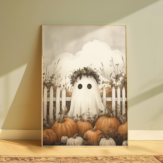 Cute Ghost Wall Art Halloween Poster Ghost Print Pumpkin Wall Art Trendy Halloween Painting Aesthetic Halloween Printable Wall Decor