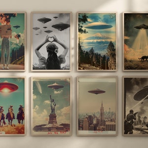 May include: A collection of eight framed art prints featuring vintage-style illustrations of UFOs. The prints depict various scenes, including landscapes, cityscapes, and historical events, all with a retro aesthetic and a touch of science fiction.