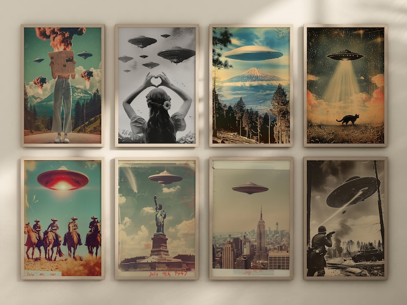 May include: A collection of eight framed art prints featuring vintage-style illustrations of UFOs. The prints depict various scenes, including landscapes, cityscapes, and historical events, all with a retro aesthetic and a touch of science fiction.