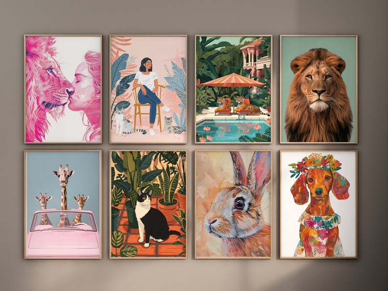 May include: A set of 8 framed art prints featuring various animals and scenes. The prints include a pink lion, a giraffe family in a pink car, a cat in a jungle, a rabbit, a dachshund with a flower crown, a woman with a cat, a lion, and a tropical scene with a pool.