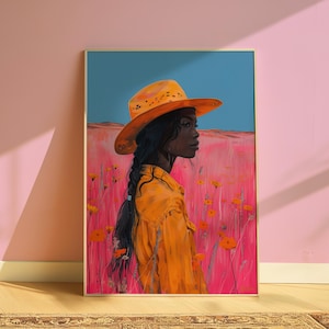 May include: A painting of a person wearing a yellow cowboy hat and a yellow shirt standing in a field of pink flowers.