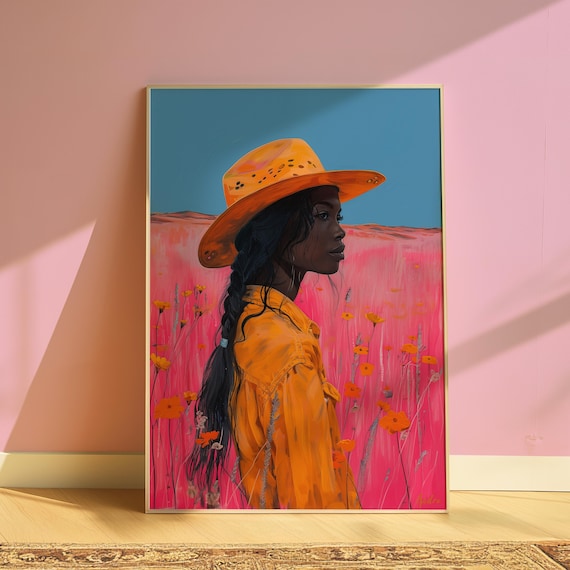 Black Cowgirl Art Print, Western Painting, Retro Decor (Digital Print)
