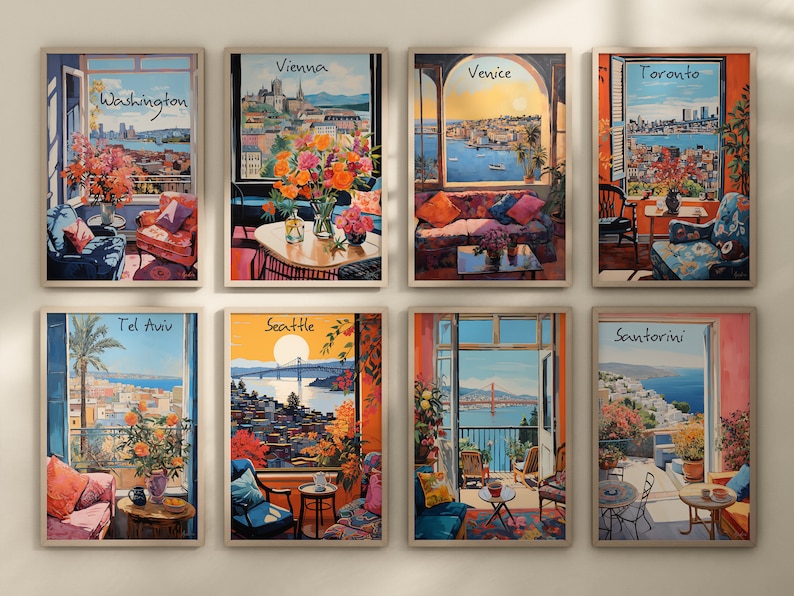 May include: Eight framed art prints featuring city views from open windows. Each print showcases a different city: Washington, Vienna, Venice, Toronto, Tel Aviv, Seattle, and Santorini. The artwork uses vibrant colors and depicts interior spaces with furniture and floral arrangements.