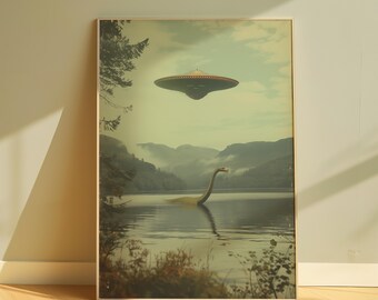 Loch Ness Monster Art UFO Poster Printable Wall Art Surreal Poster Print Aesthetic UFO Wall Art Flying Saucer Poster Digital Download
