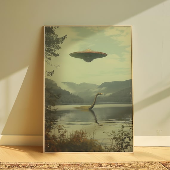 Loch Ness Monster Art UFO Poster Printable Wall Art Surreal Poster Print Aesthetic UFO Wall Art Flying Saucer Poster Digital Download