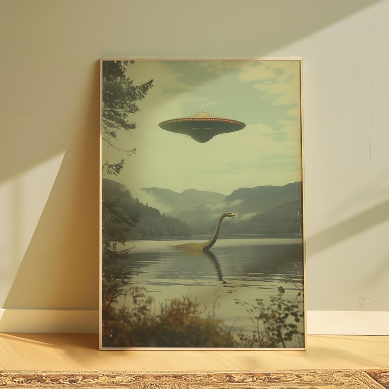 K&ouml;nnte beinhalten: Eine gerahmte Illustration eines gr&uuml;nen Sees mit einem gro&szlig;en, gr&uuml;nen, schlangenf&ouml;rmigen Wesen, das im Wasser schwimmt. Eine fliegende Untertasse schwebt &uuml;ber dem See, mit einem nebligen Gebirge im Hintergrund.