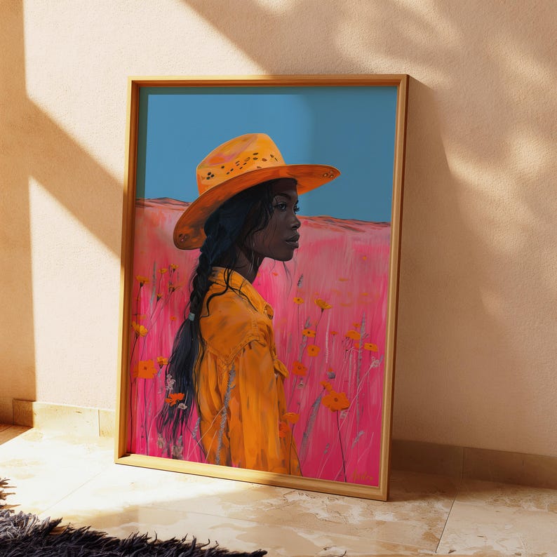 Black Cowgirl Art Print, Western Painting, Retro Decor (Digital Print) image 3