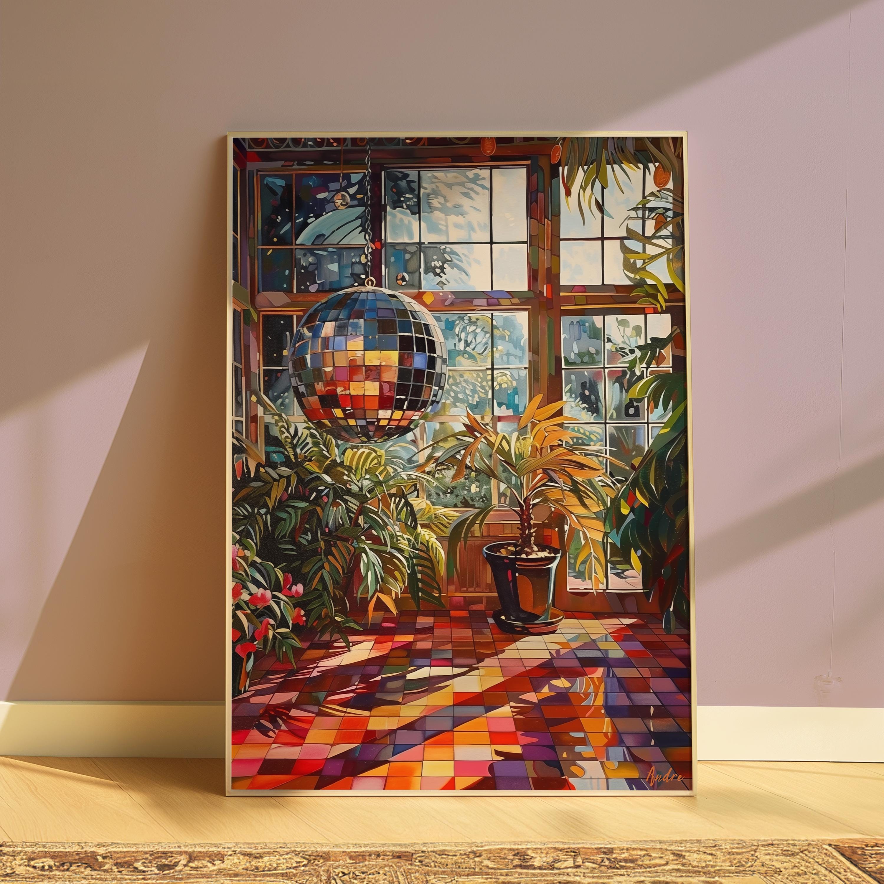 70年代のレトロな壁アート、ディスコボールの絵画、ヴィンテージの壁