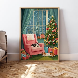 May include: A framed print depicts a cozy Christmas scene. A decorated tree stands near a window overlooking a city skyline. A pink armchair holds a sleeping cat, with another cat resting on the floor. Wrapped gifts are scattered around the room.