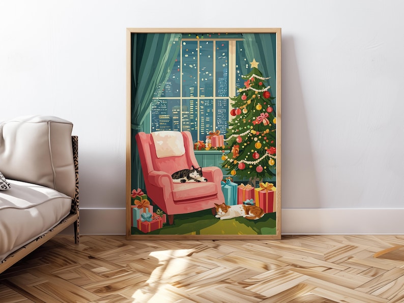 May include: A framed print depicts a cozy Christmas scene. A decorated tree stands near a window overlooking a city skyline. A pink armchair holds a sleeping cat, with another cat resting on the floor. Wrapped gifts are scattered around the room.