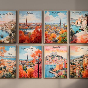 May include: A collage of nine framed vintage travel posters featuring colorful illustrations of European cities. The posters are arranged in three rows of three, with each poster featuring a different city name and a unique illustration. The cities featured are Palma de Mallorca, Oxford, Antwerp, Dubrovnik, Lisbon, Luxembourg, Marseille, Nice, and a city that is not clearly visible.