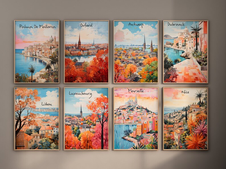 May include: A collage of nine framed vintage travel posters featuring colorful illustrations of European cities. The posters are arranged in three rows of three, with each poster featuring a different city name and a unique illustration. The cities featured are Palma de Mallorca, Oxford, Antwerp, Dubrovnik, Lisbon, Luxembourg, Marseille, Nice, and a city that is not clearly visible.