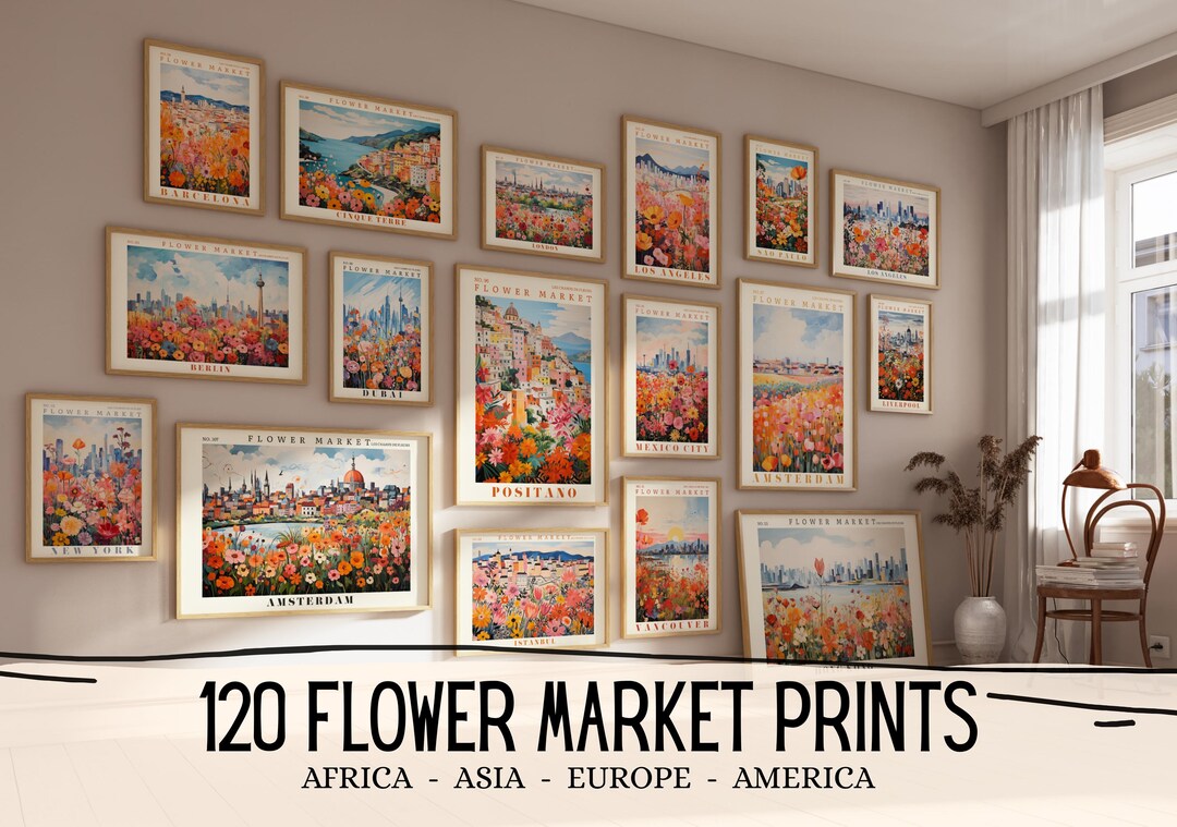120 Flower Market Travel Posters, Botanical Wall Art Set, City Prints ...