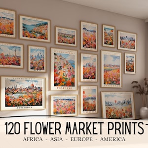 120 Flower Market Travel Posters, Botanical Wall Art Set, City Prints Bundle, Vintage Floral Cityscape Decor