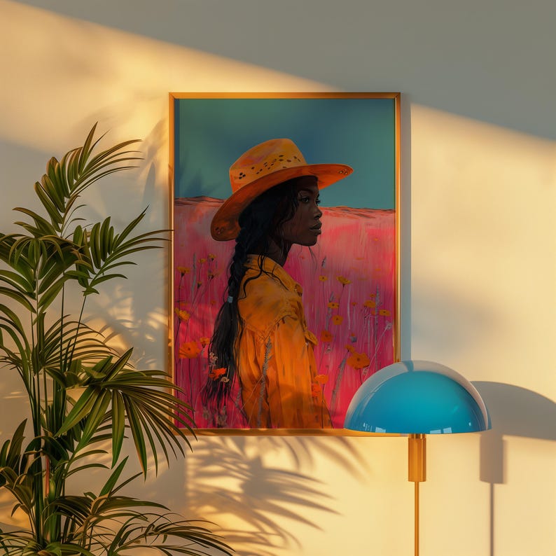 Black Cowgirl Art Print, Western Painting, Retro Decor (Digital Print) image 6